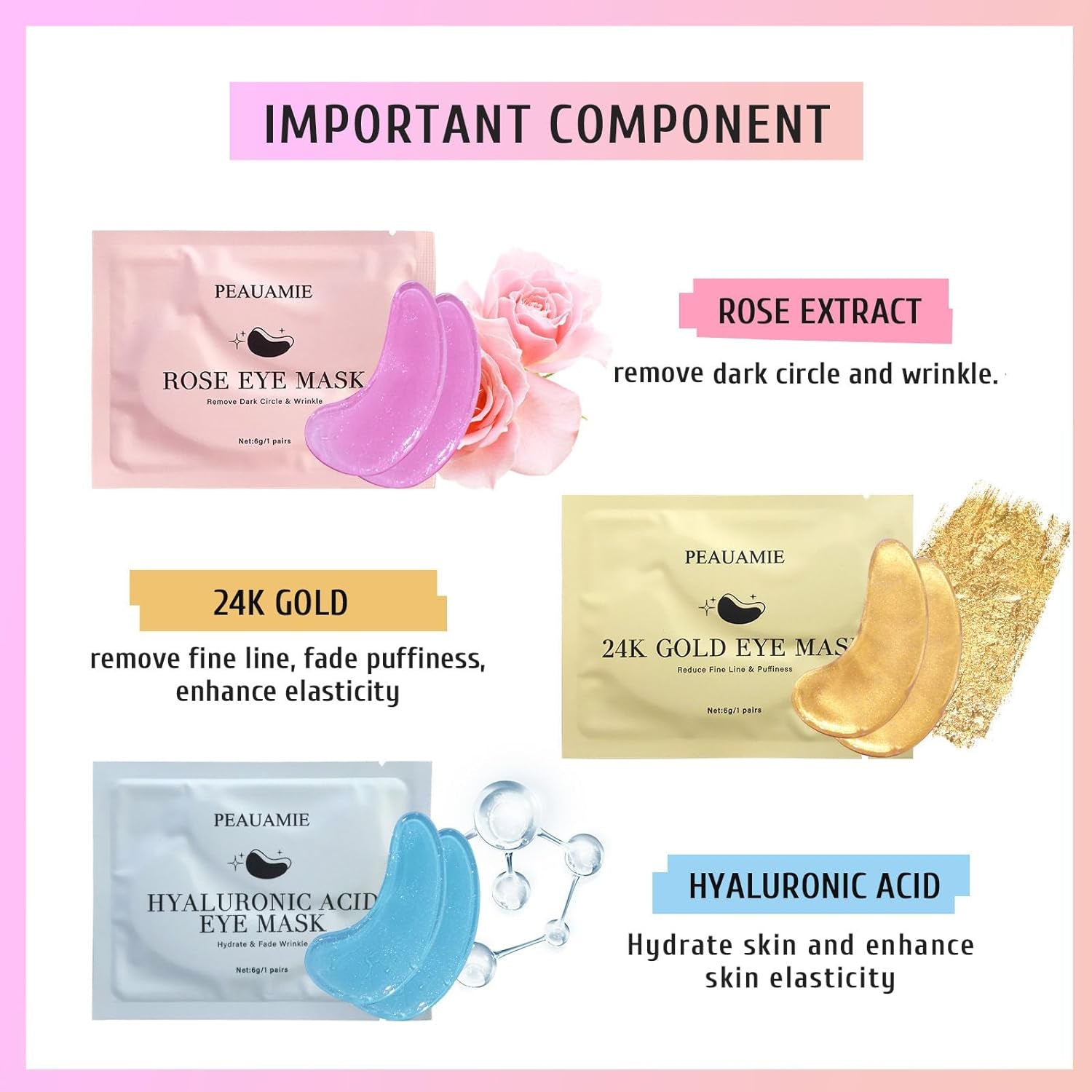 under Eye Patches Gold and Hyaluronic Acid for Puffy Eyes,Rose Eye Masks for Dark Circles and Puffiness Skin Care Smooth Wrinkles Products 30 Pairs