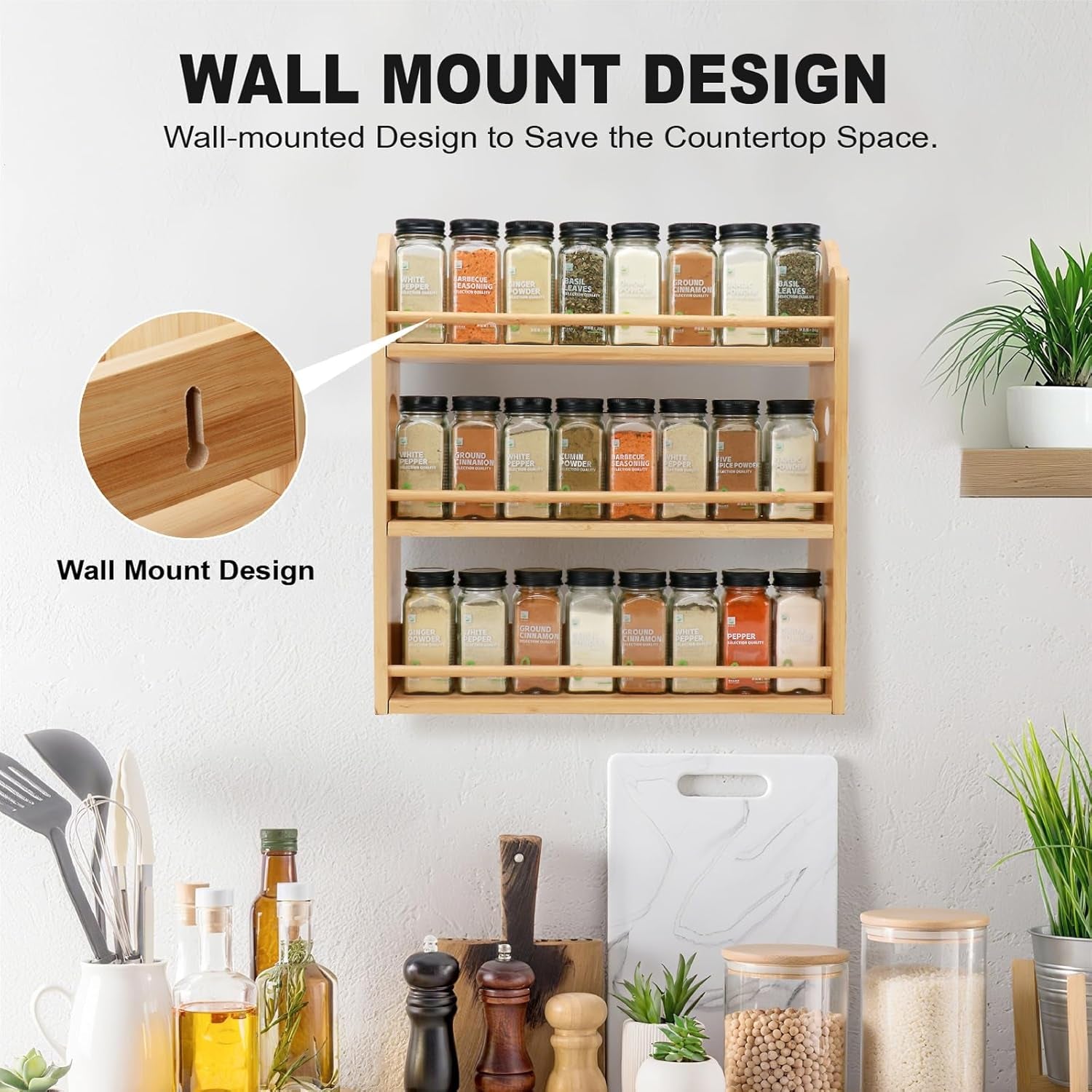 3 Tier Bamboo Spice Rack, Spice Rack Organizer, Seasoning Jars Rack Shelf Spice Organizer for Kitchen Counter or Wall Mounting, Spice Storage Holder with Handles, Jars Not Included,Natural