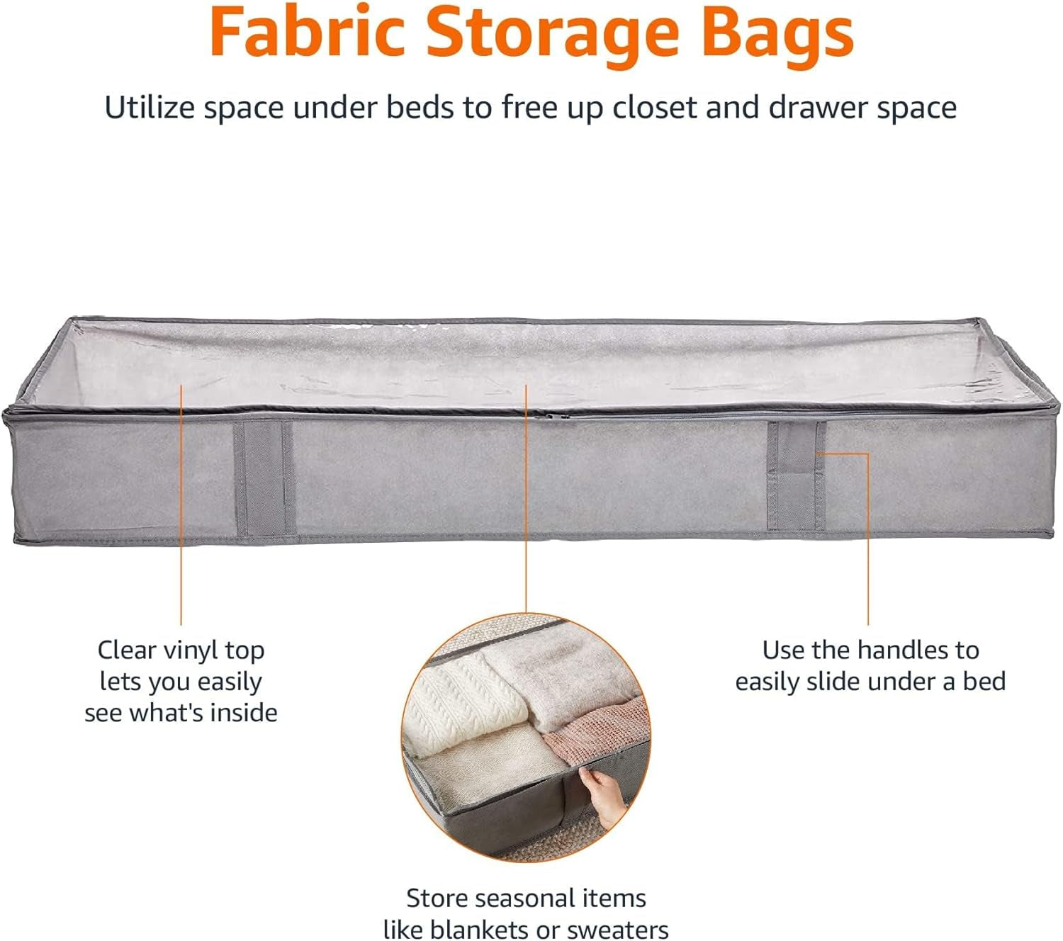 under Bed Storage Bags for Clothes and Blankets, Foldable Fabric Zipper Container with Clear Window and Reinforced Handles, Space Saving, 18 X 42 X 6 Inches, Gray, 2-Pack