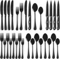 24-Piece Black Silverware Set with Steak Knives Flatware Set for 4 Food-Grade Stainless Steel Cutlery Set Mirror Polished Utensils Set Include Spoons and Forks for Home Kitchen Restaurant