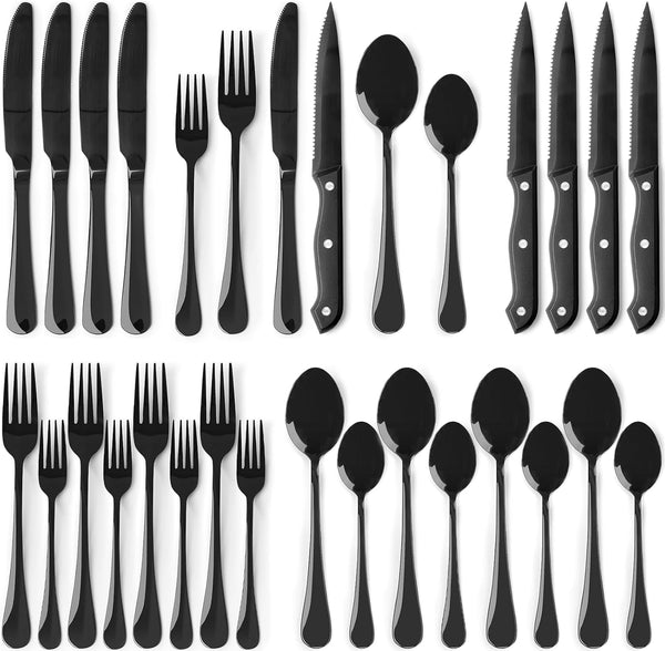 24-Piece Black Silverware Set with Steak Knives Flatware Set for 4 Food-Grade Stainless Steel Cutlery Set Mirror Polished Utensils Set Include Spoons and Forks for Home Kitchen Restaurant