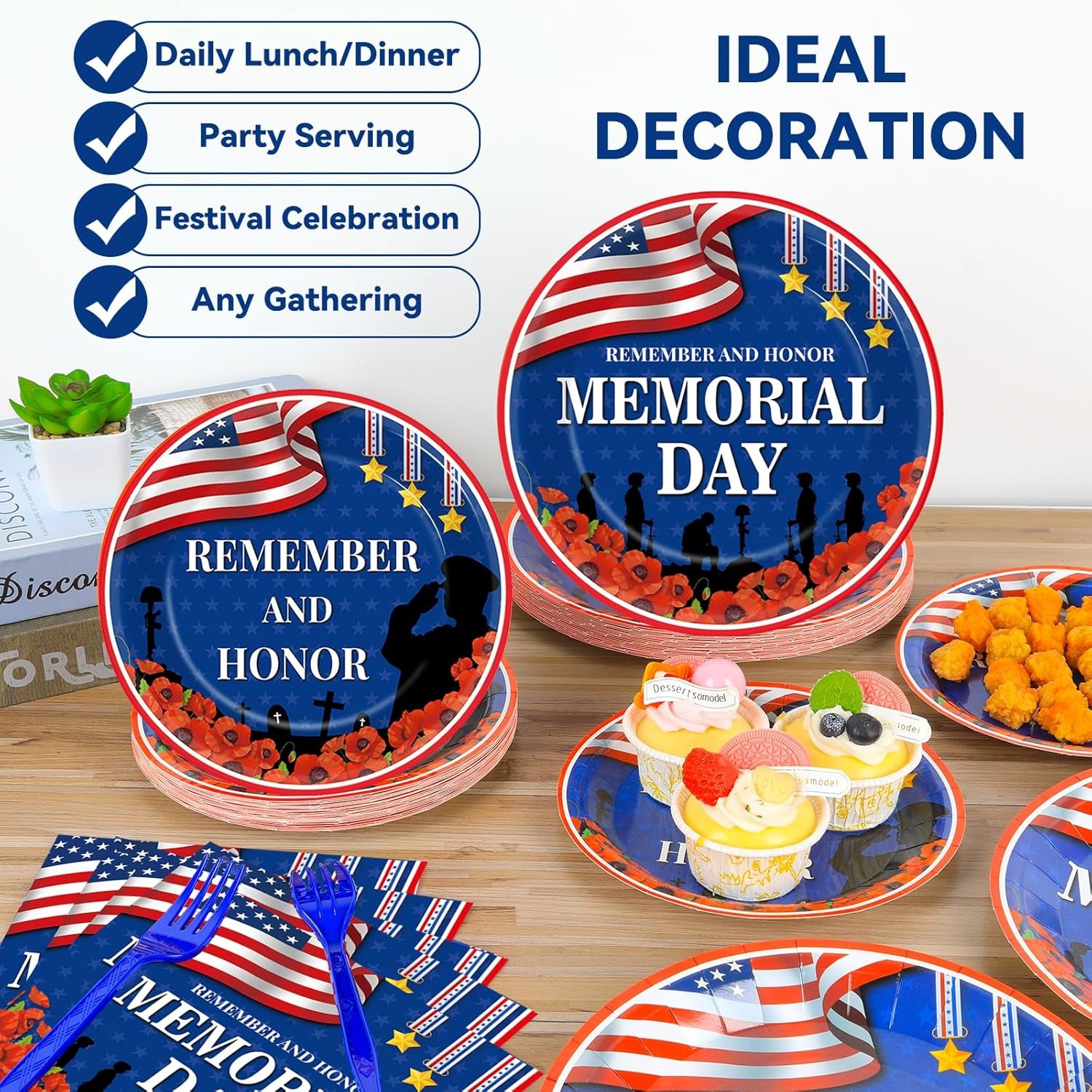 96Pcs Memorial Day Plates and Napkins for Remember and Honor Soldier Party Supplies Thank You Soldiers Dessert Plates Veterans Day Tableware Set for 24 Guests 4Th of July Party Decorations