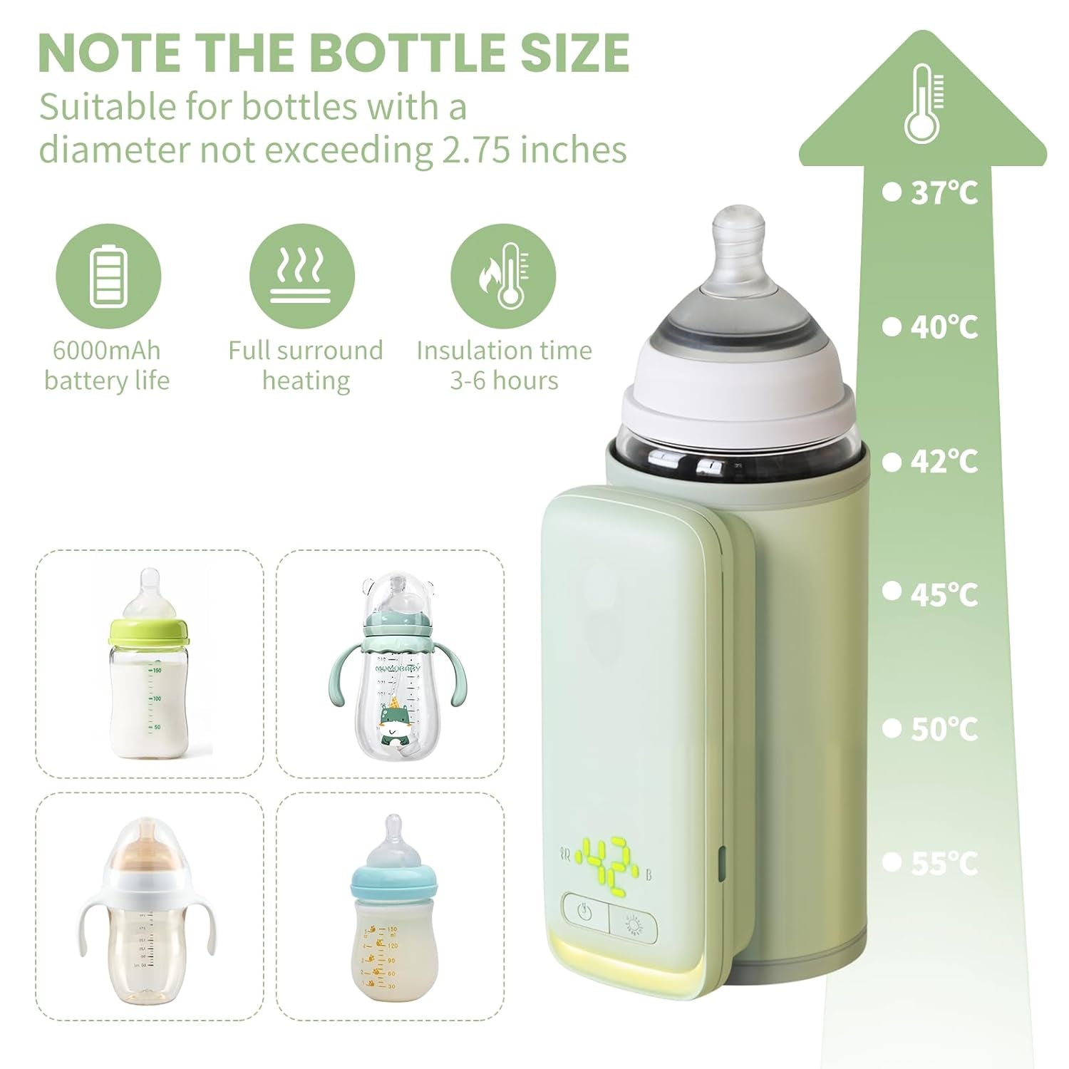 Portable Insulated Bottle Warmer, Waterless Baby Warmer, 6000Mah and 6-Level Temperature Control, Rquipped with a Small Hight Light and Temperature Bisplay, Suitable for Outdoor Travel and Home Use