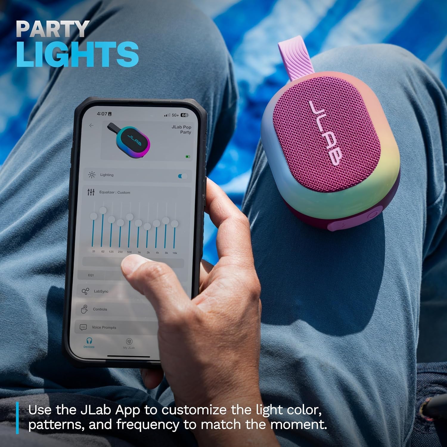 , Pop Party, Portable Bluetooth Speaker, Waterproof, RGB Lighting, Labsync, Mulberry