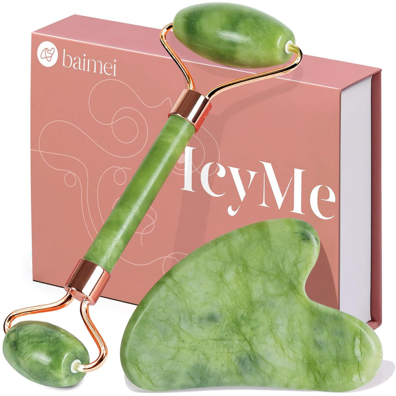 Icyme Gua Sha & Jade Roller Set, Cooling Face Roller & Gua Sha Tool for Depuffing, Facial Sculpting & Jawline Definition, Smooth Rolling Skincare Tools for Women & Men – Green
