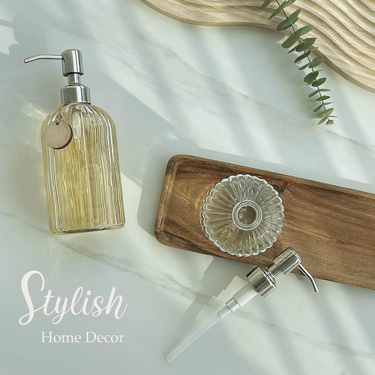 2PACK 18 Oz Glass Soap Dispenser with Rust Proof Stainless Steel Pump, Refillable Hand Soap Dispenser with Vertical Stripe, Premium Bathroom Soap Dispenser for Kitchen & Bathroom