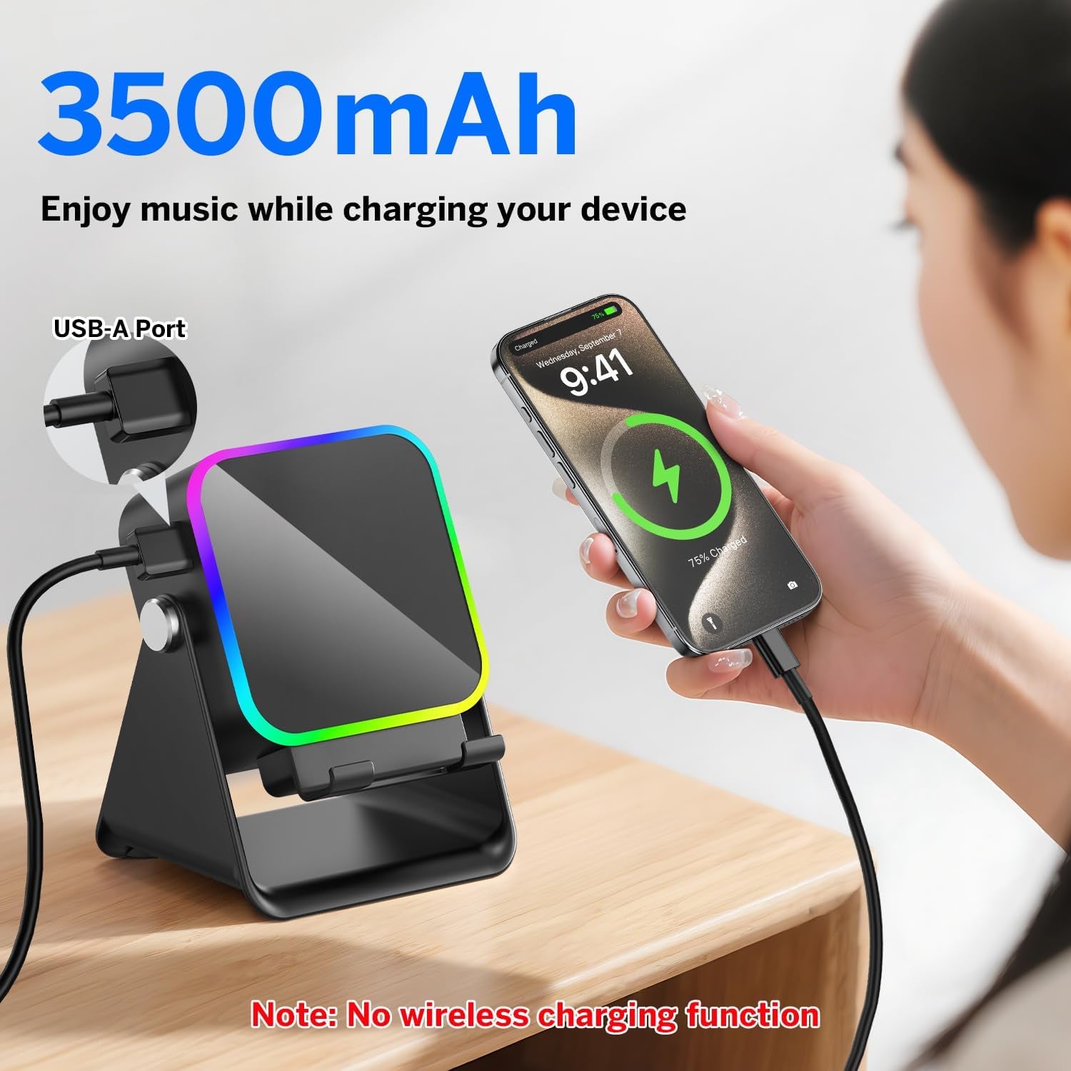 Wireless Induction Speaker 5-In-1 Bluetooth Speaker with Phone Stand,Stereo Sound, 3500Mah Rechargeable, 8 RGB Ambient Light, 360° Adjustable Holder for Iphone/Android/Ipad,Gifts for Men Women (Black)