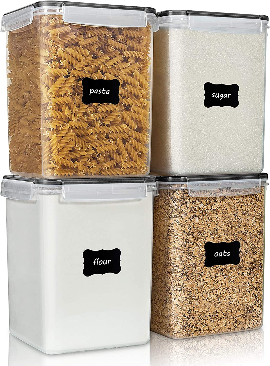 4 PCS Large Food Storage Containers 5.2L / 175Oz, 4 Pieces BPA Free Plastic Airtight Canisters for Flour, Sugar, Baking Supplies, Rice with Lids, 4 Measuring Cups and 24 Labels, Black