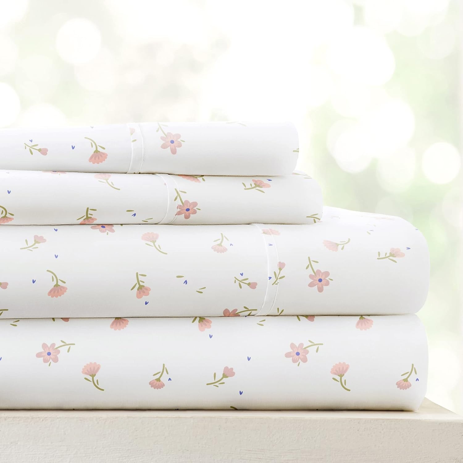 4 Piece Queen Sheet Set - Breathable, Double-Brushed Patterned Cooling Sheets â€“ Oeko-Tex Certified Ultra Soft & Wrinkle-Free 16" Deep-Pocket Queen Sheets - Easy Care Soft Floral Pink