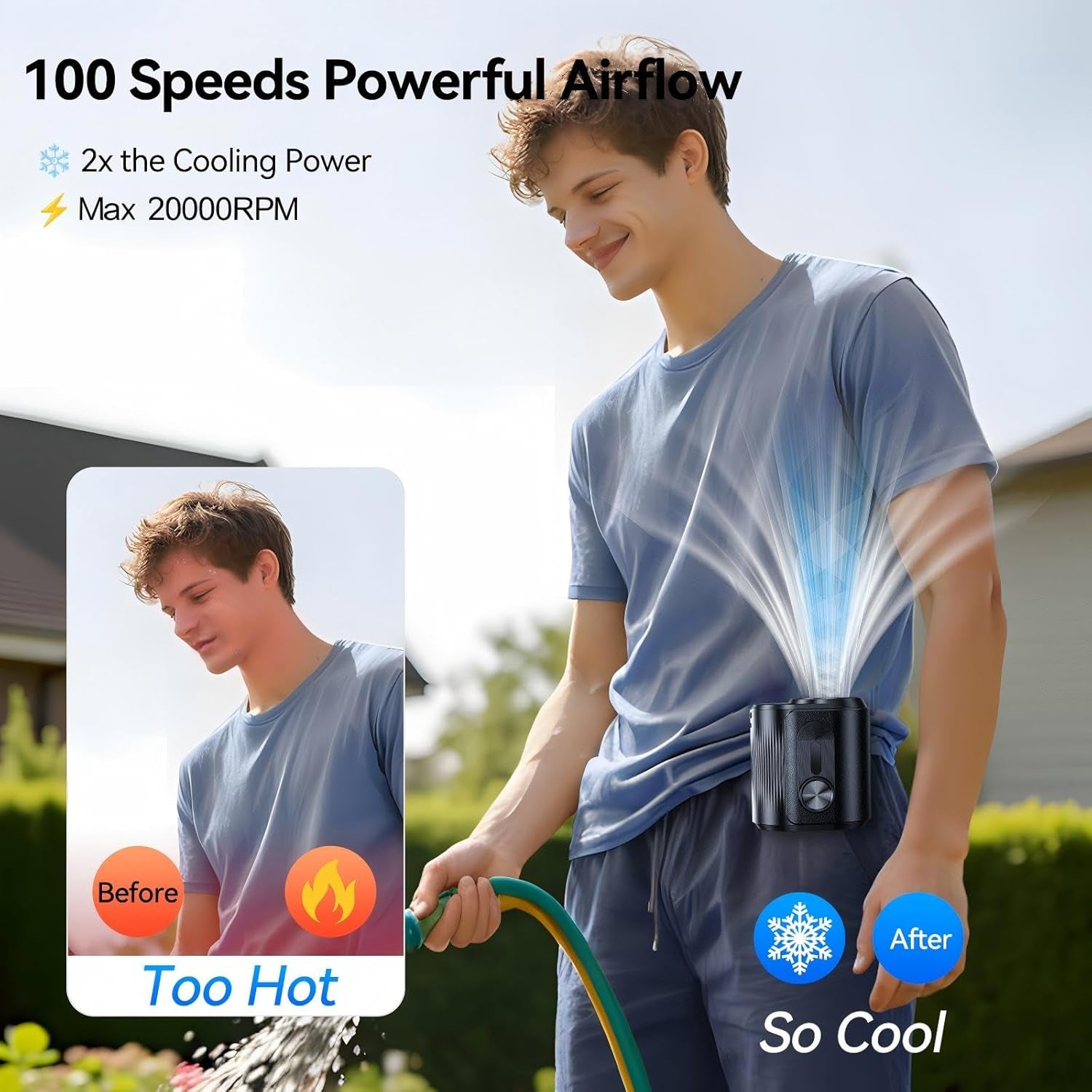 AI Portable Rechargeable Waist Fan with Ice Cooler, 24H Max Cooling, 100-Speed 20000RPM Turbo Cooling Battery Personal Fan, Hands-Free Shirt/Belt/Neck Fan for Work Outdoor Travel, Black