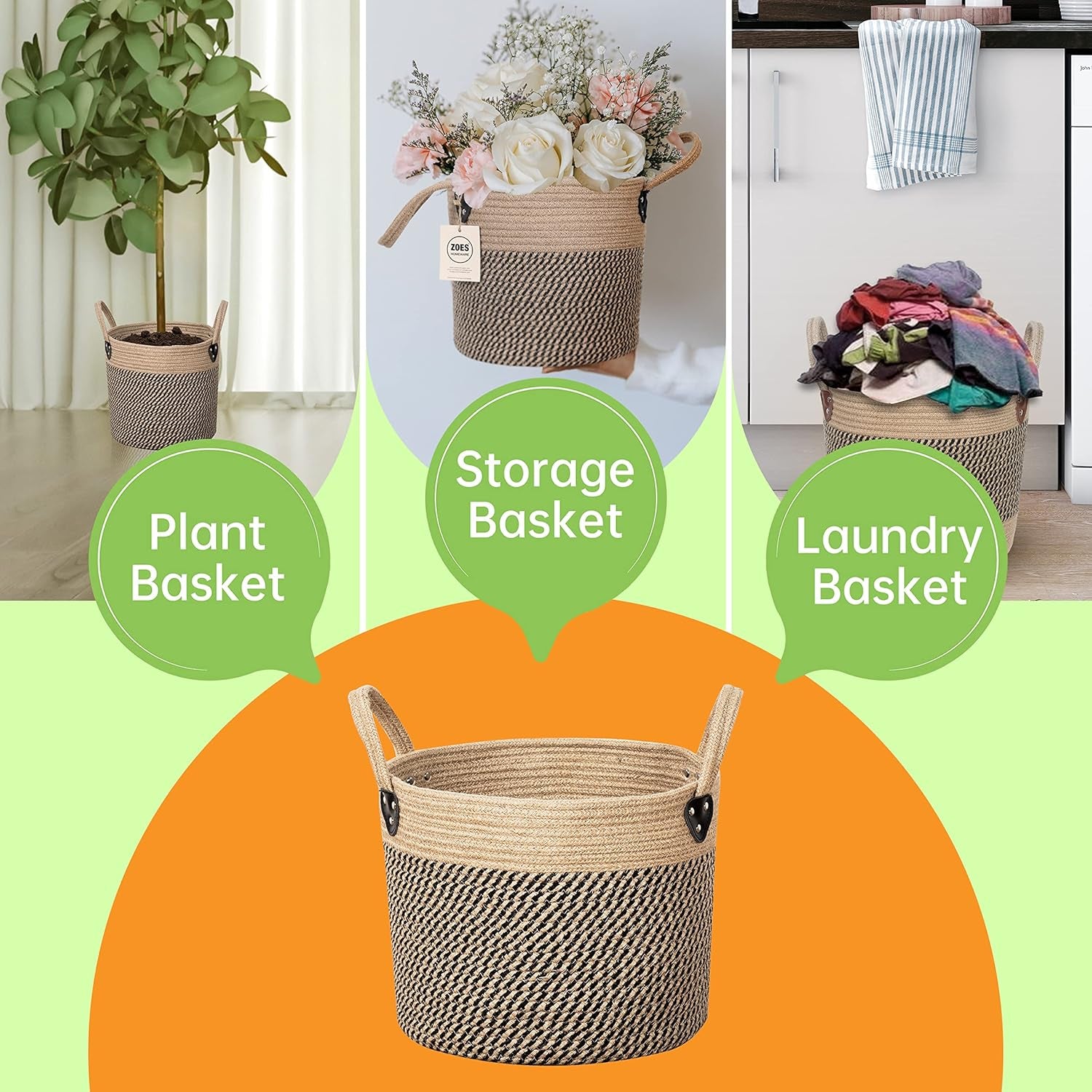 14"X12" Natural Jute Rope Woven Storage Basket with Handles for Plant, Blankets,Toys,Clothes,Shoes - Living Room Home Decor,Multifunctional Basket for Organizer,Picnic,Artificial Tree
