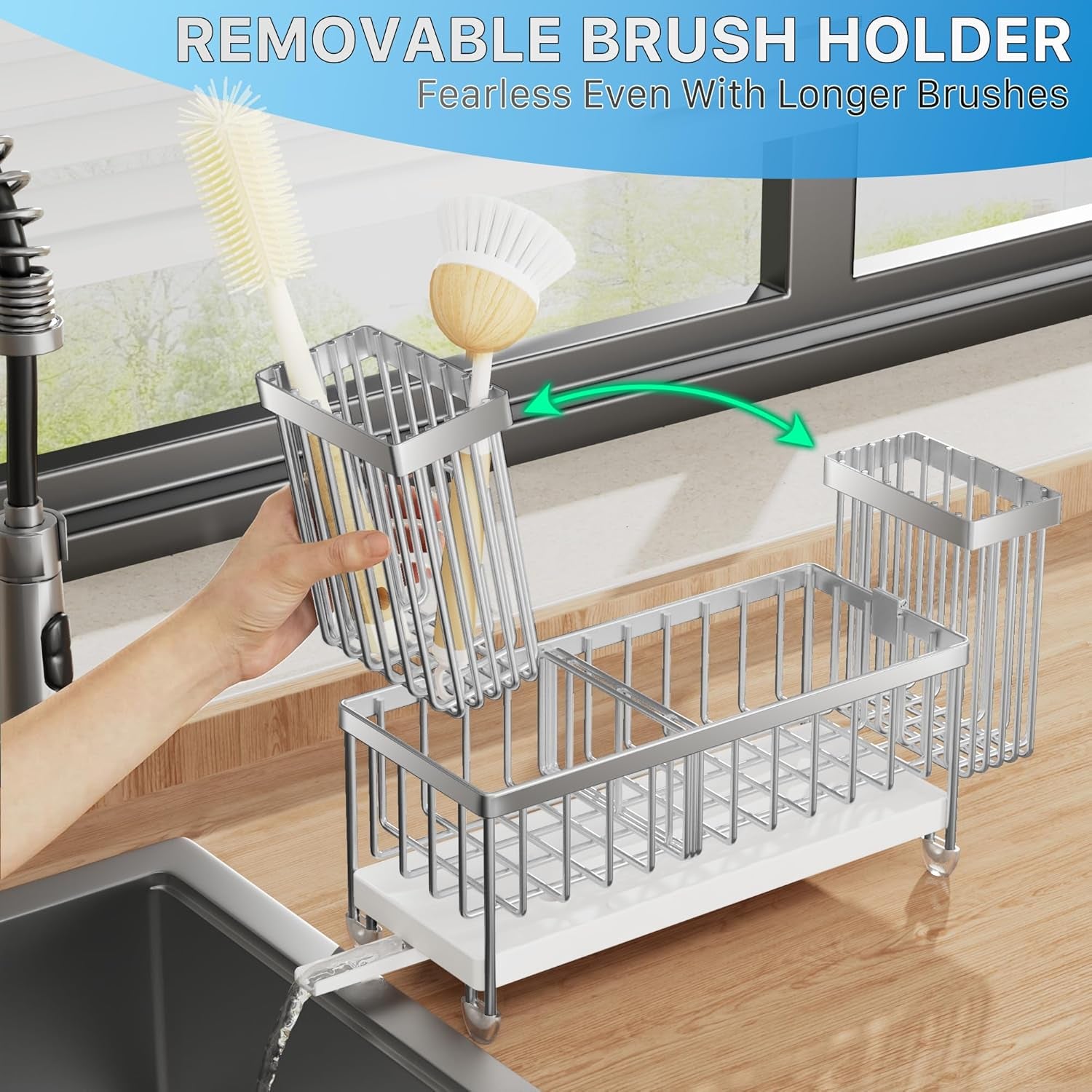 Sponge Holder for Kitchen Sink, Sink Caddy Organizer with High Brush Holder, Kitchen Countertop Organizers and Storage Essentials, Rustproof 304 Stainless Steel (Silver, 9.25″)