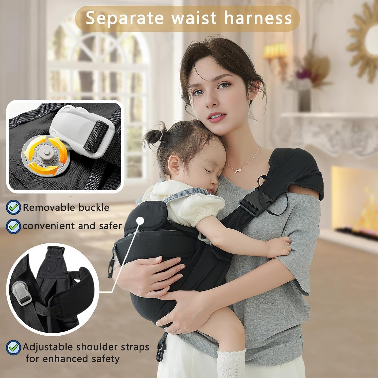 Baby Sling Carrier, Baby Carrier Newborn to Toddler Wrpas Carrier Essentials Safety, Portable and Lightweight, Ergonomic-Designed, Non-Slip Hip Seat Carrying 8-55Lbs(Black)