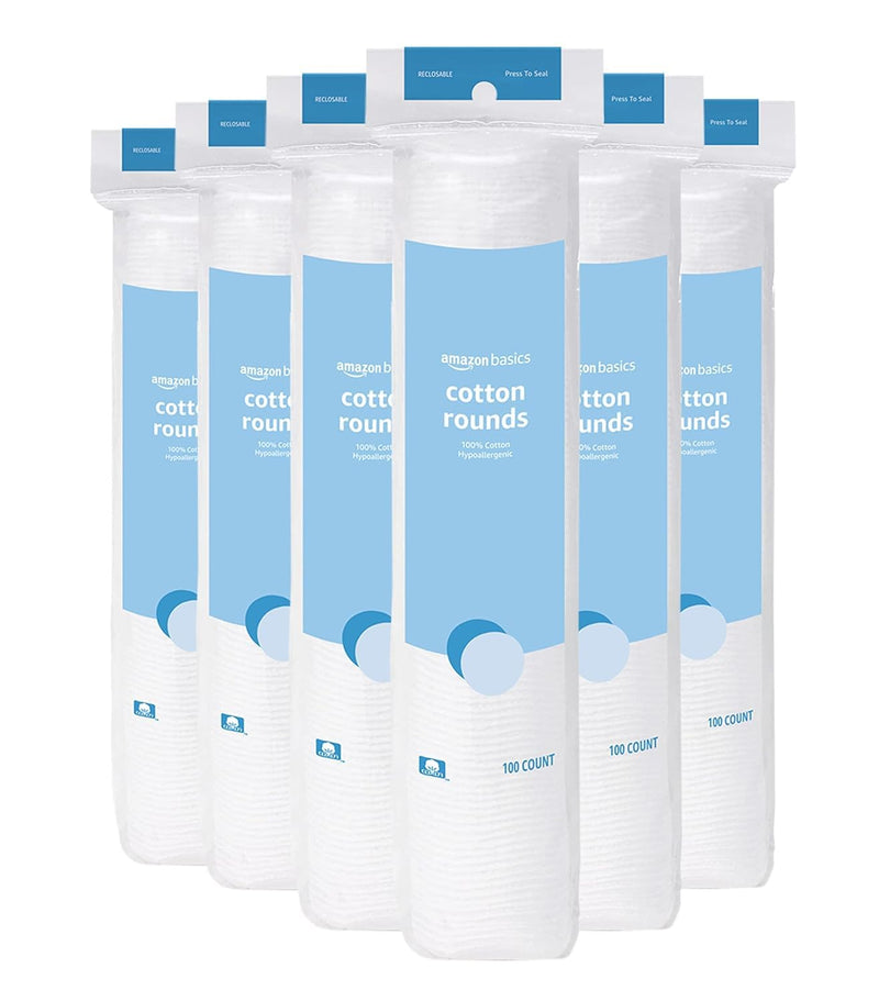 Hypoallergenic 100% Cotton Rounds for Makeup Remover and Skincare, All Skin Types, 600 Count, 6 Packs of 100 Count