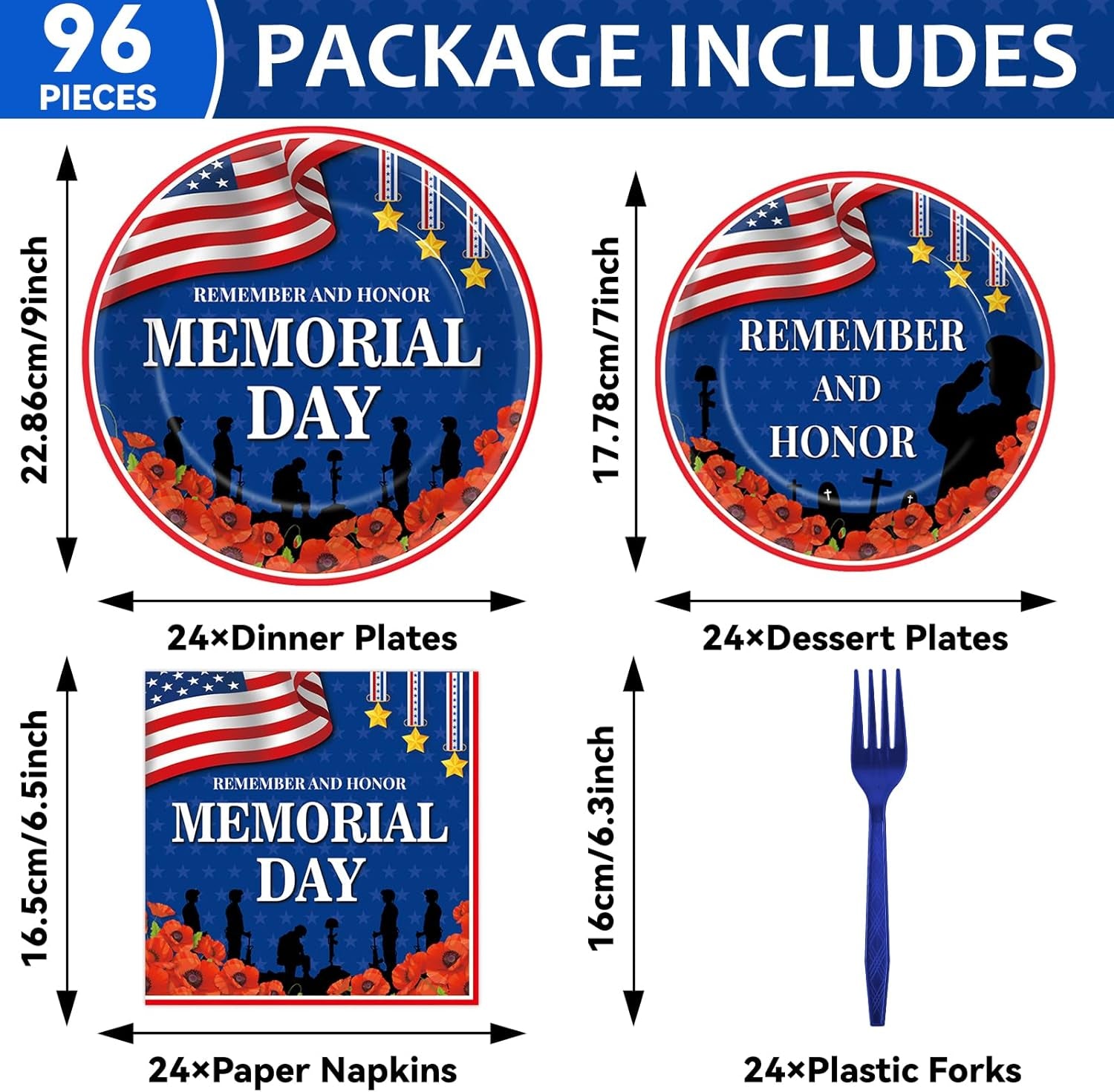 96Pcs Memorial Day Plates and Napkins for Remember and Honor Soldier Party Supplies Thank You Soldiers Dessert Plates Veterans Day Tableware Set for 24 Guests 4Th of July Party Decorations