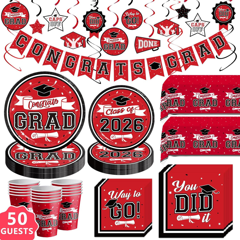 Graduation Decorations 2026 Red and Black, 265Pcs Disposable Tableware Kit for 50 Guests, Plates, Napkins, Cups, Tablecloth and Hanging 2026 Graduation Party Decorations