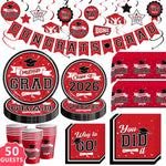 Graduation Decorations 2026 Red and Black, 265Pcs Disposable Tableware Kit for 50 Guests, Plates, Napkins, Cups, Tablecloth and Hanging 2026 Graduation Party Decorations
