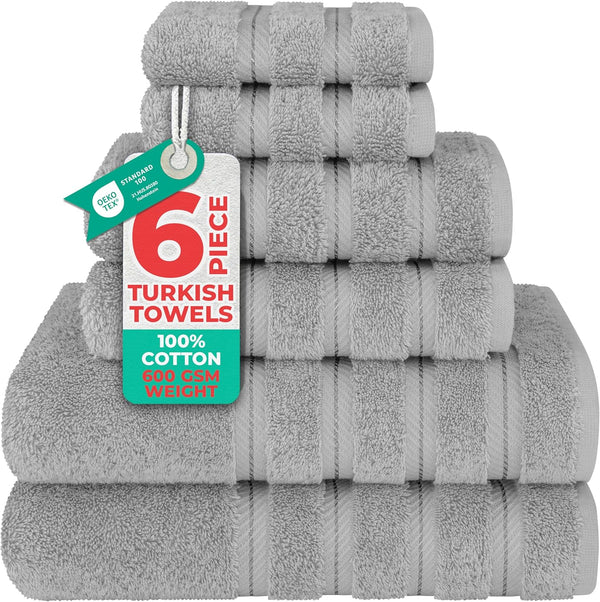 Luxury 6 Piece Towel Set, 2 Bath Towels 2 Hand Towel 2 Washcloths, 600 GSM 100% Cotton Turkish Towels for Bathroom, Light Grey Towel Sets