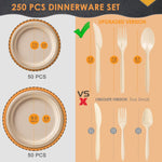 250Pcs Disposable Paper Plates Set, Compostable Plate Sugarcane Utensils Eco Friendly Dinnerware Kit Includes 50 Biodegradable Plates, Forks, Knives and Spoons for Brithday Party Camping