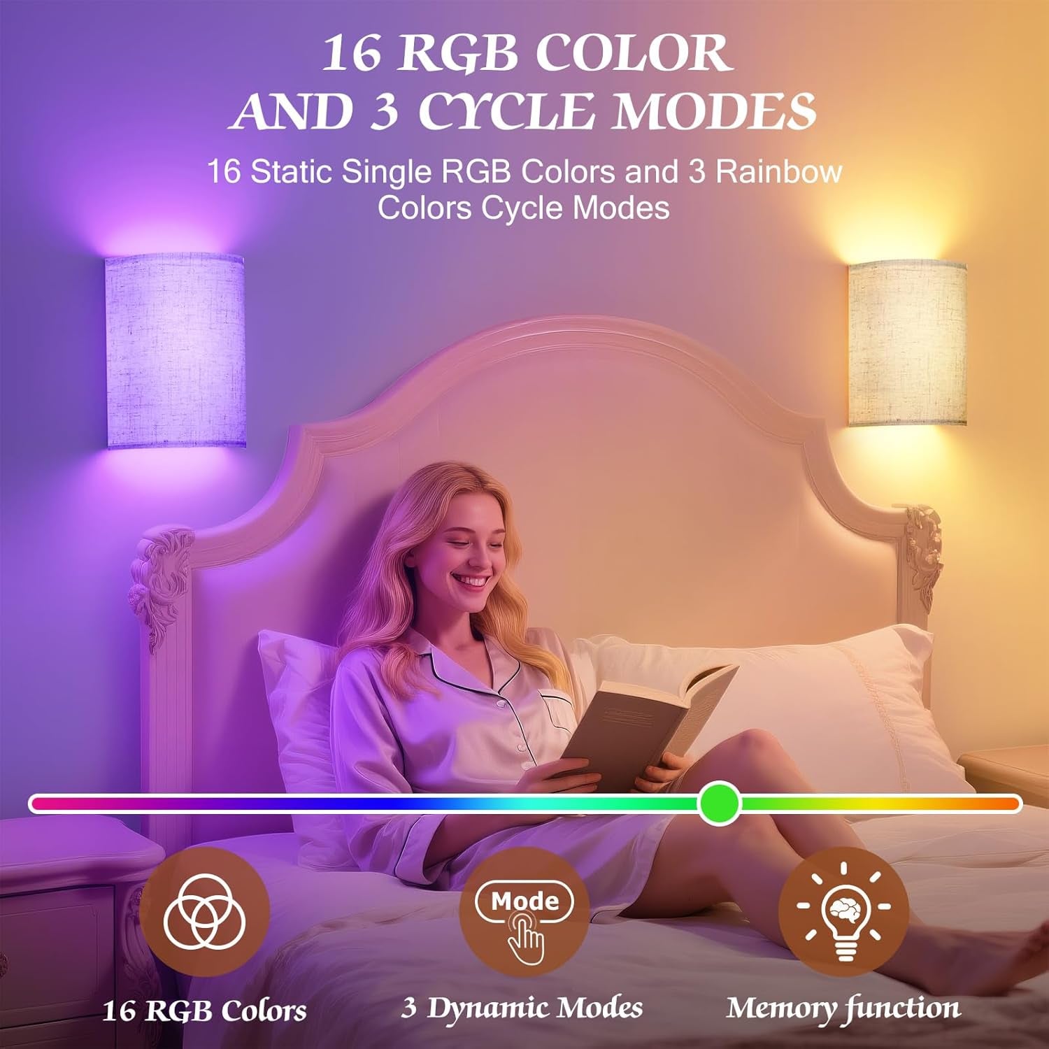 Battery Operated Wall Sconce: Wireless Wall Sconces Set of Two Magnetic Lamp Rechargeable Lights Dimmable with 16 RGB Colors Fabric Linen Shade with Remote Walls Decor for Bedroom Living Room