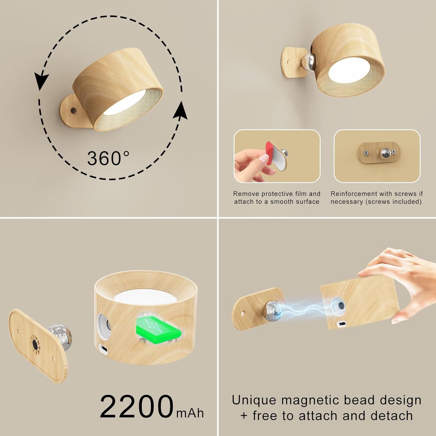Battery Operated Wall Sconces Set of 2, Magnetic Cordless LED Wall Lights with 3 Color Temp & Dimmable Touch Control, 360Â° Rotating Rechargeable Wall Lamp, Reading Light for Bedroom & Bedside