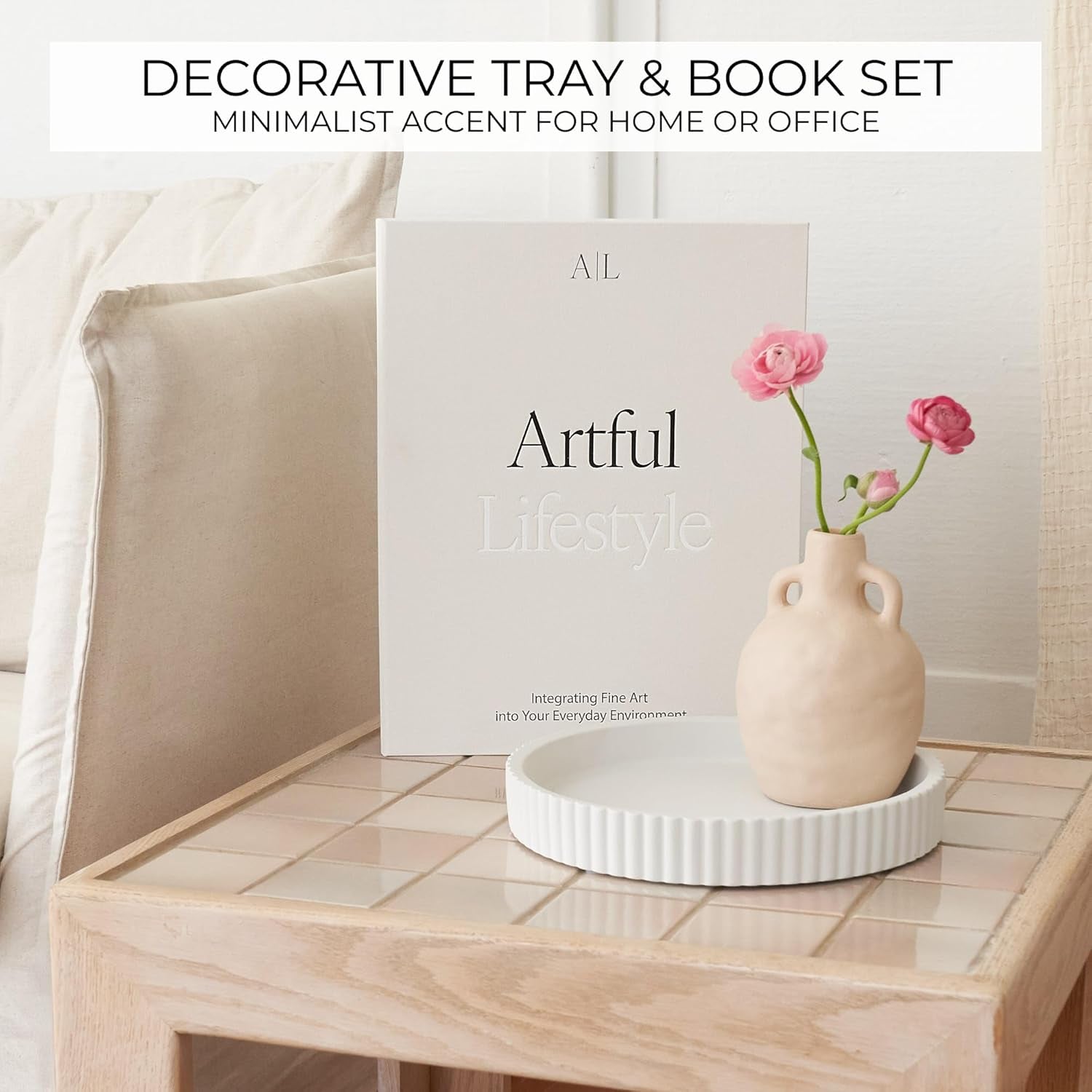 Decorative Concrete Tray & Book Decor Set - Scalloped Tray & Linen Box Enhance Your Coffee Table or Bookshelf Decor - Stylish Home Decoration for Your Living or Dining Room & as a Housewarming Gift