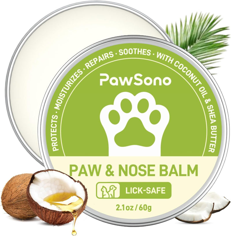 Lick-Safe Dog Paw & Nose Balm with Coconut Oil | All-Natural Moisturizer & Soother for Dry, Cracked Pads & Snout | Heat & Cold Pavement Protection Wax, Nose Butter for Bulldogs (2.1 Oz / 60 G)