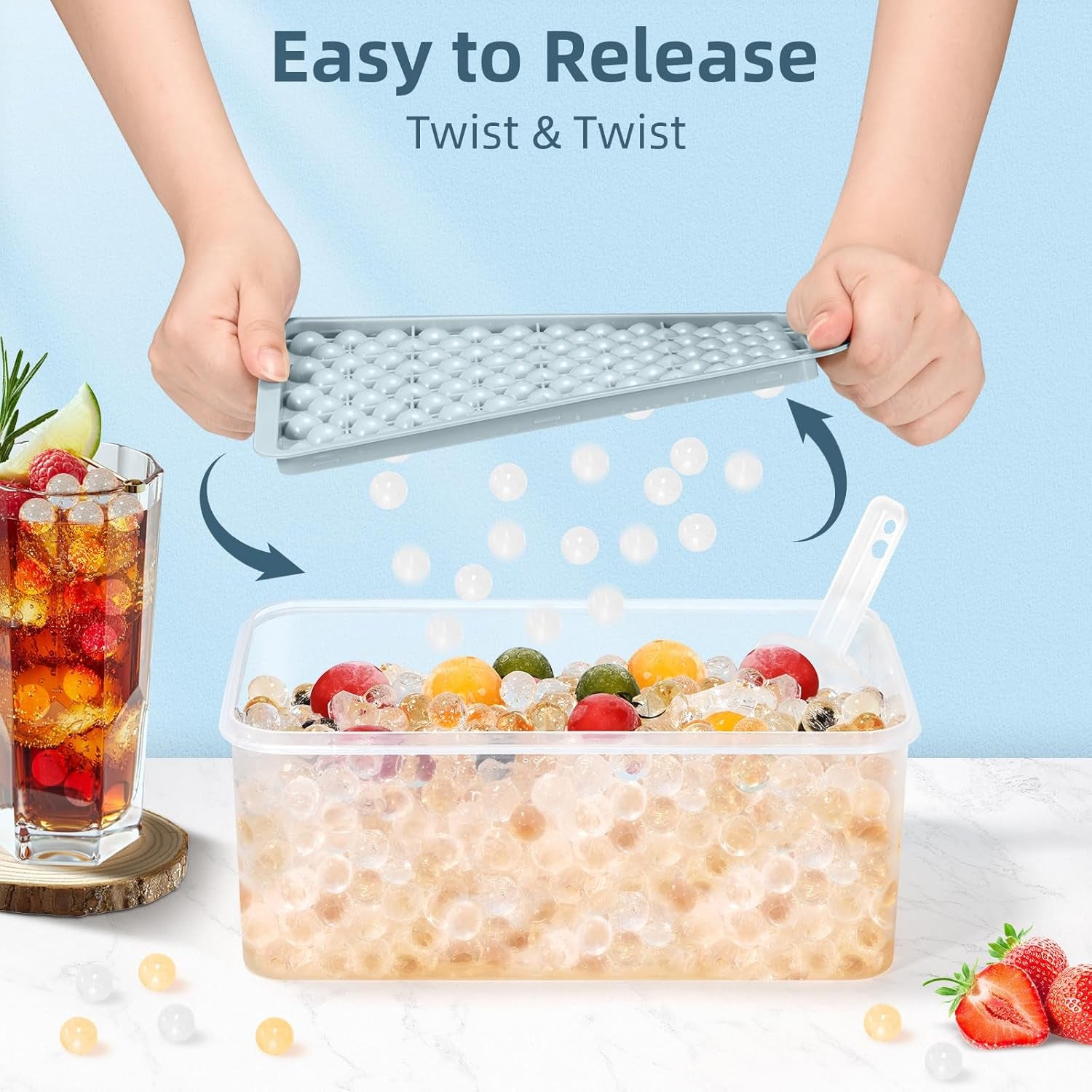 Mini Ice Cube Trays, 0.55” Tiny Pebble Ice for Iced Coffee & Cocktails, Fast Chill, Easy Twist Release, Stackable with Lid & Storage Bin (4 Pack, Blue)