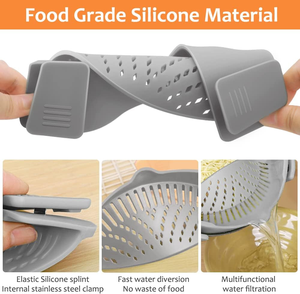 Clip on Strainer for All Pots Pan,Silicone Pasta Strainer Kitchen Gadgets,Collapsible Colander for Noodle,Vegetables,Fruit,Spaghetti (Grey)
