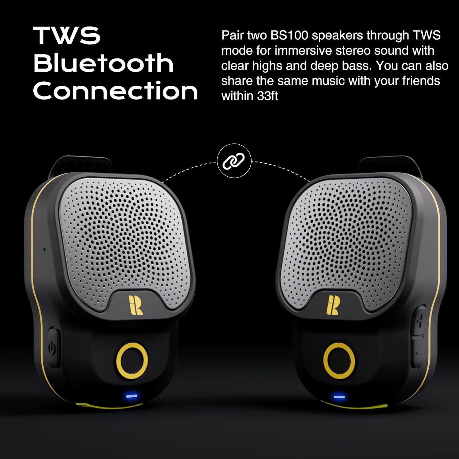 Wearable Bluetooth V5.3 Speaker, 30H Working Time Clip-On Wireless Jobsite Water-Resistant TWS Portable Speaker, IPX7 Waterproof, Built-In ENC Mic for Hands-Free Music/Calls