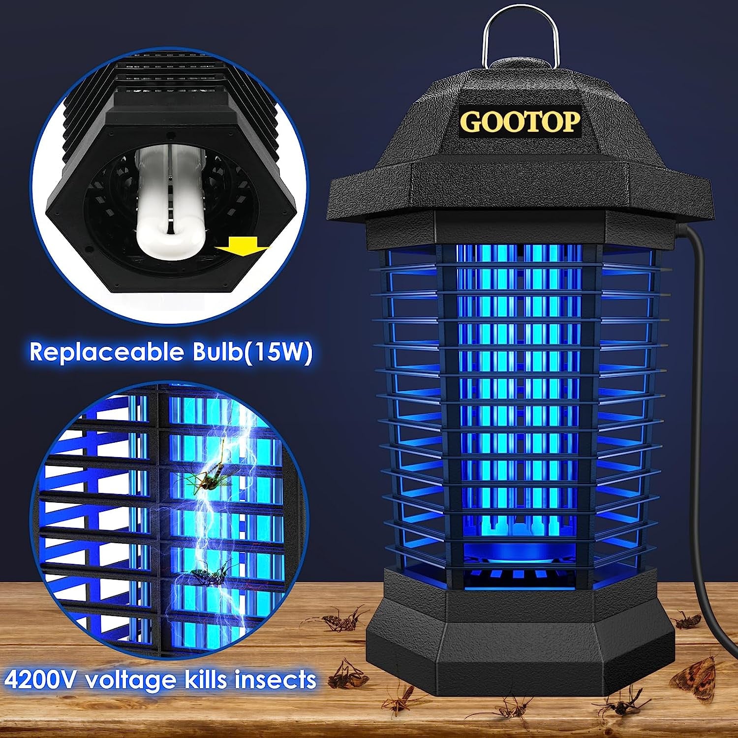 Bug Zapper Outdoor, Mosquito Zapper, 3 Prong Plug in Electric Fly Zapper, Mosquito Killer, Fly Traps, Flying Insects Zapper Indoor Outdoor, 4200V, ABS Plastic Outer (Black)