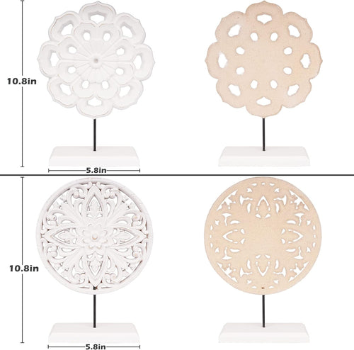 2 Pack Wooden Carved Cutout Flower Medallion Sculpture, Rustic Distressed White MDF Statues Home Tabletop Decor, Decorative Ornaments for Living Room, Bedroom, Office Desktop, Cabinets