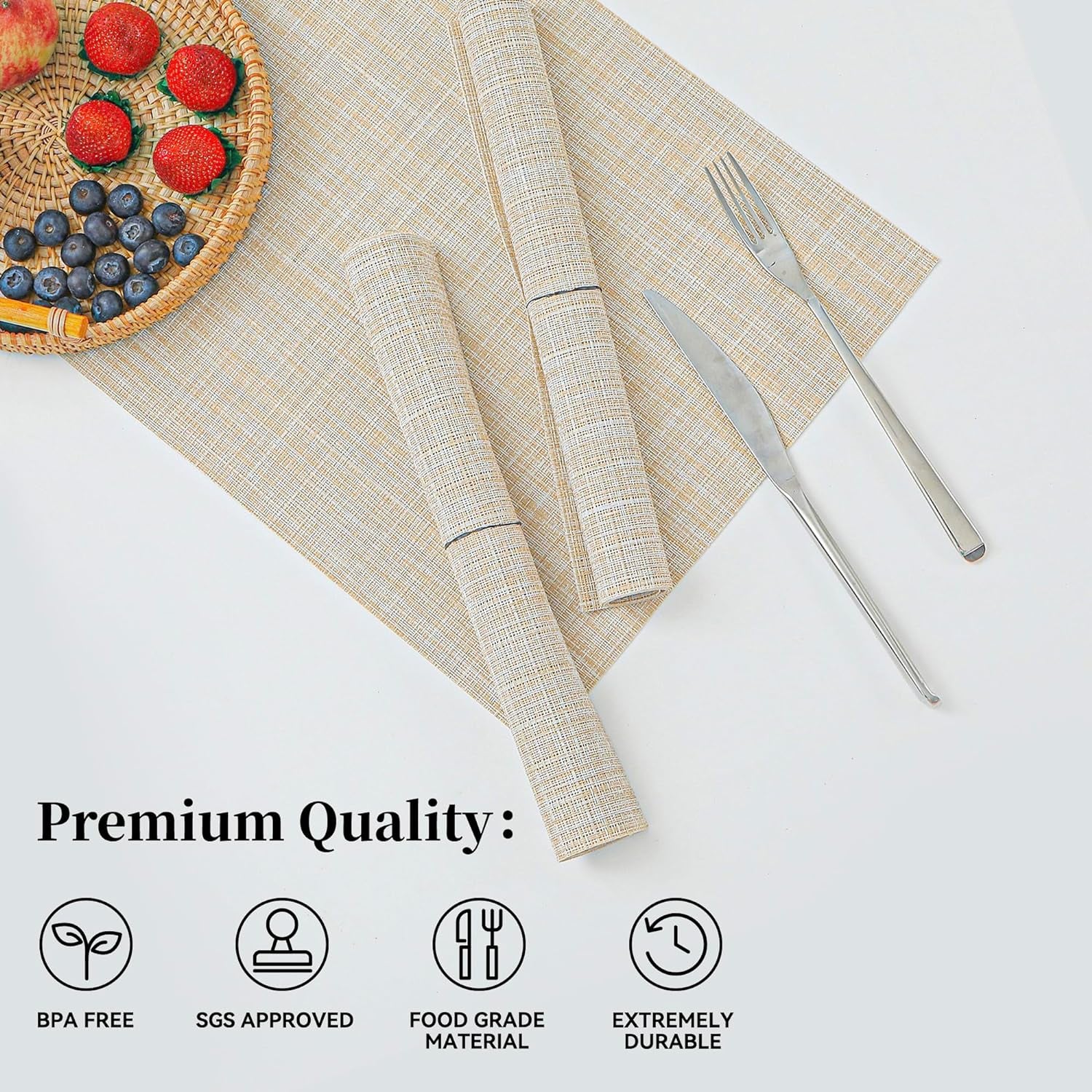 Beige Placemats Set of 4 - Heat-Resistant, Non-Slip Table Mats, Washable Woven Vinyl for Indoor & Outdoor Dining