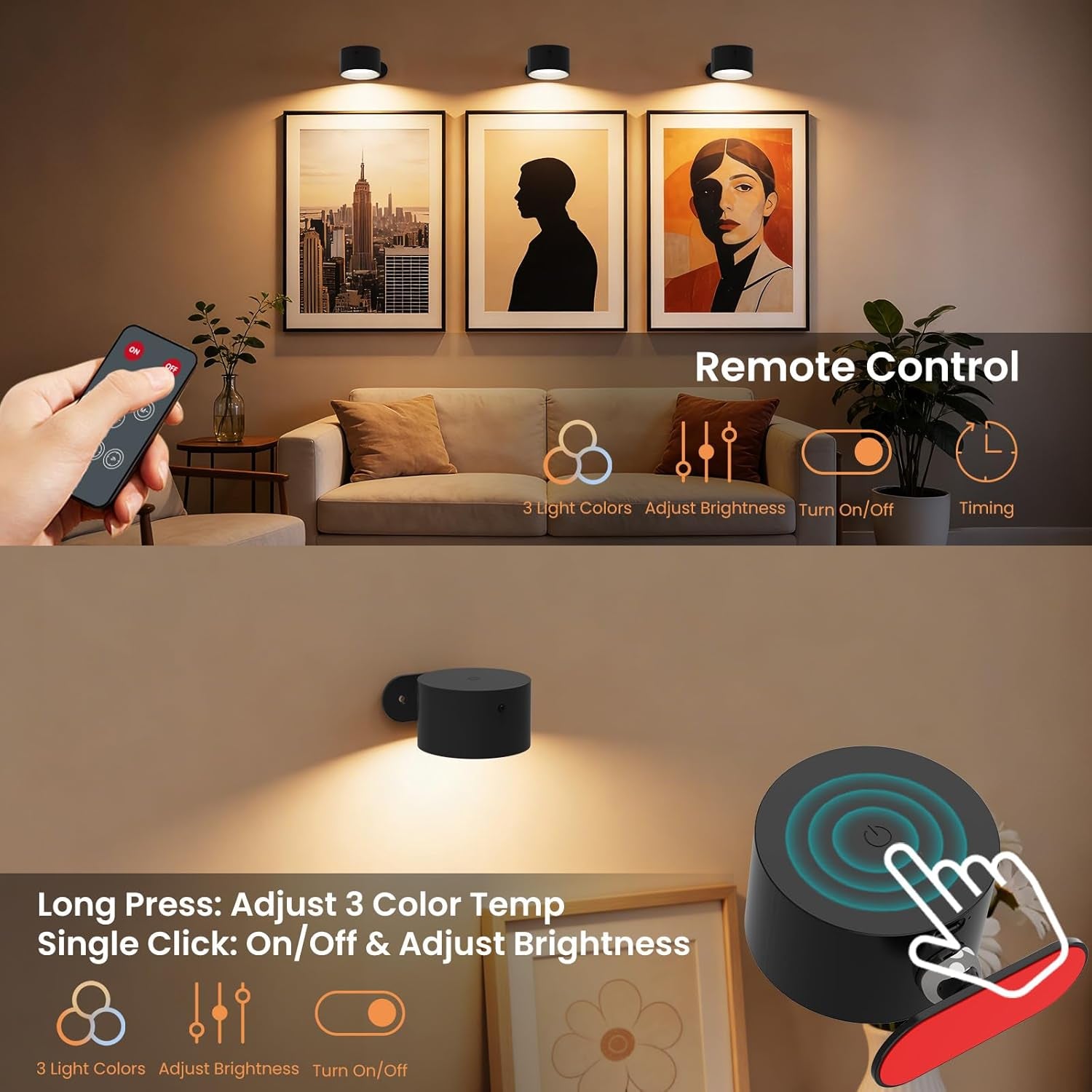 3 Pack LED Wall Sconces, Battery Operated Wall Lights for Reading, Cordless Bedside Lamp with Remote & Touch Control, 360Â° Magnetic Rotation & Rechargeable, 3 Color Modes Dimmable (Black)