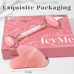 Icyme Rose Quartz Roller & Gua Sha Set, Cooling Face Roller for Depuffing & Lymphatic Massage, Sculpting Tool for Face, Eyes & Neck, Smooth Skincare Gift for Women and Men