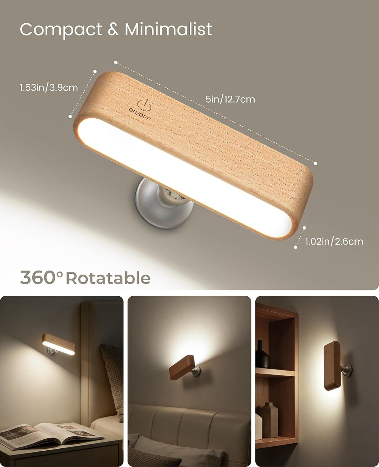 Wood LED Wall Sconce, Magnetic 360Â° Rotatable Wall Mounted Night Light & Reading Light, Small Rechargeable Battery Powered Bedside Wall Lamp for Bedroom, Living Room, Beech Wood