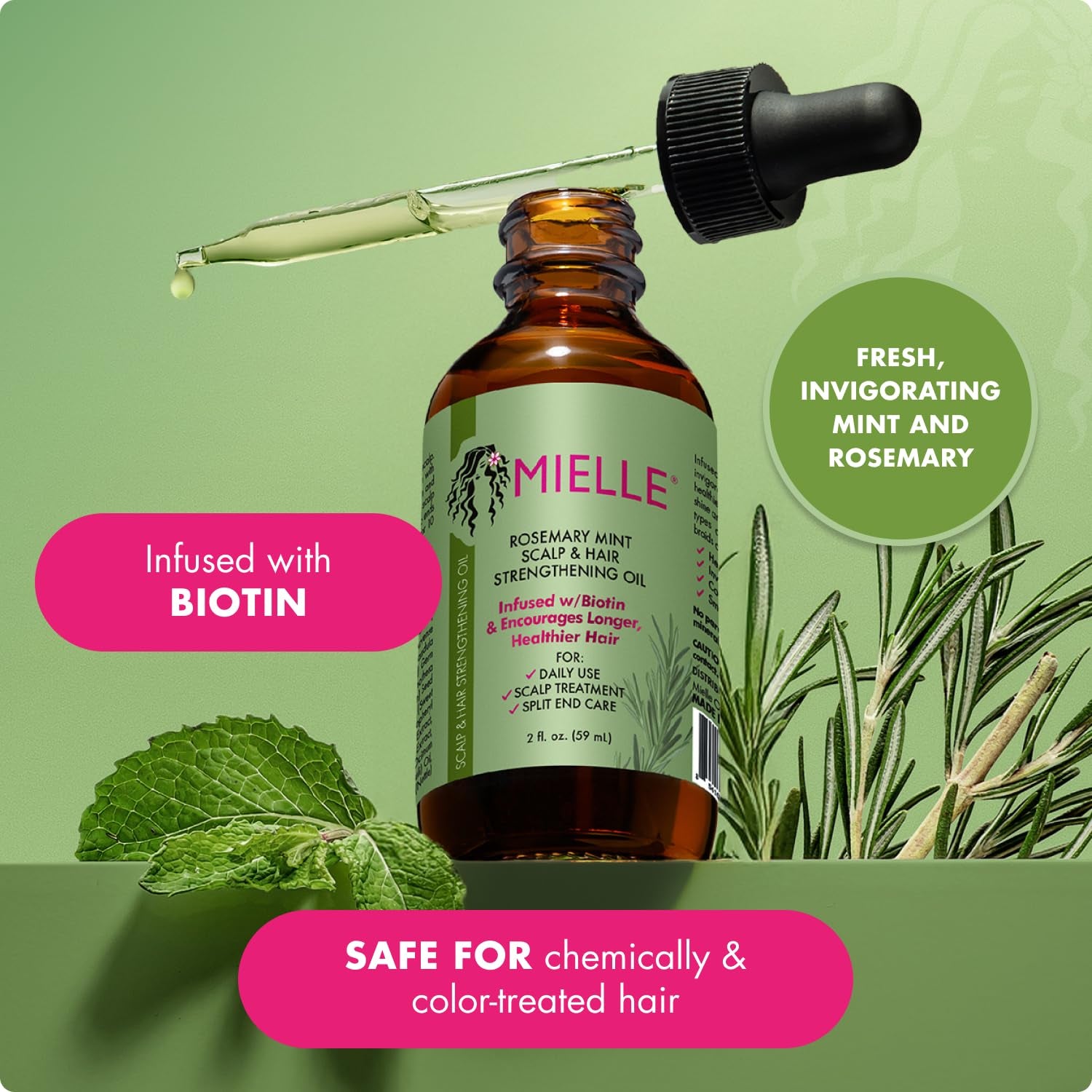 Organics Rosemary & Mint Hair Oil - Strengthening Biotin Oil Infused Frizzy & Damaged Hair Care - Split Ends & Dry Scalp Treatment to Support Longer, Healthier Strands, 2 Ounce