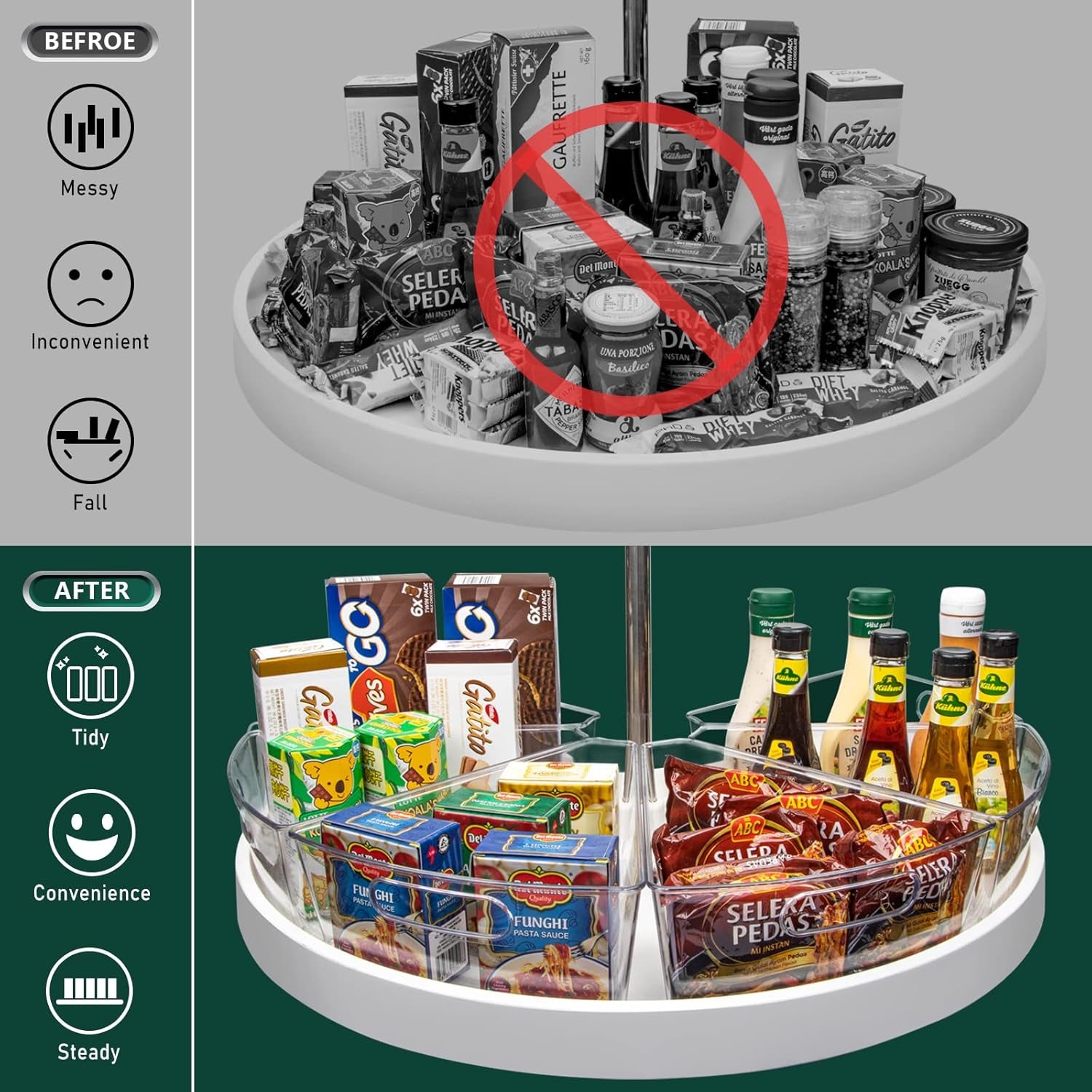 Lazy Susan Cabinet Organizer Bins for 26"/ 28"/ 32" Diameter Corner Organizer, Plastic Cabinet Storage Bin, 1/8 Wedge - Food Safe, BPA Free, with Non-Slip Pads (For 28" Diameter, 6 Pack)